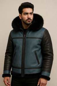 Custom Men’s Two-Tone <b>Shearling</b> <b>Bomber</b> <b>Jacket</b> Genuine Sheepskin Leather Coat Winter Warm Hooded Aviator <b>Jacket</b> with Fur Trim - Product Image 4