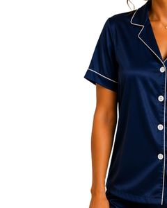 Conjunto de Pijama de Satén Azul Marino Personalizado para Mujer, Ropa de Dormir de Seda con Bordado de Copos de Nieve, Conjunto de Pijama Suave de Manga Corta - Product Image 3