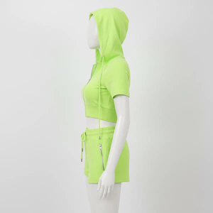 Women's Casual 2 Piece Hooded Sleeveless Crop Top Shorts <b>Set</b> Zipper Sporty Solid Color Summer <b>Knitted</b> Polyester/Cotton Outfit - Product Image 6
