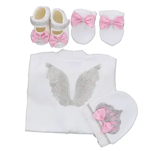 4 Pieces Cotton Fabric Knitted Wholesale Custom Long Sleeve Bamboo Bubble Modern High Quality Angel Laced Pink Baby Romper Set