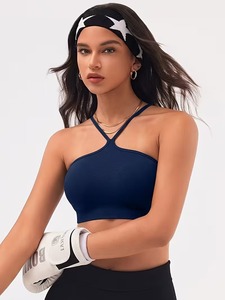 Women High Neckline Halter Workout <b>Bra</b> <b>Open</b> Back Spaghetti Strap Bralette Breathable Seamless Fabric Gym Exercise Top - Product Image 5
