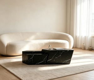 Modern <b>Black</b> Marble Coffee <b>Table</b> Minimalist Design <b>Outdoor</b> <b>Table</b> Furniture Durable Stone Surface - Product Image 1