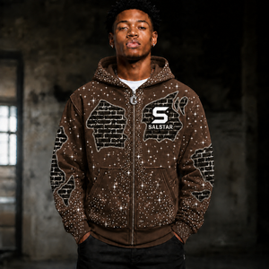 Sweat-shirt à capuche marron zippé personnalisé pour homme avec strass – Sweat-shirt streetwear haut de gamme avec impression graphique et logo personnalisé - Product Image 1