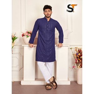 LOOK RICHE RAYON CHICKENKARI TRAVAIL HOMME KURTA PYJAMA BLEU Achkan Bandhgala Sherwani - Product Image 1
