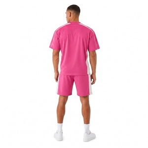 <b>Men's</b> <b>Pink</b> Color Blocking T-<b>Shirt</b> Set Crew Neck Knitted Cotton Quick Dry Sporty Summer Wear - Product Image 2