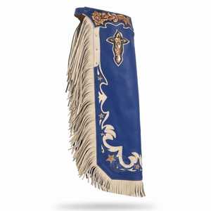 Chaps de Rodeo en Cuir Floral Personnalisés Faits Main avec Motifs Croix et Étoile |   Chaps de cow-boy bleus et blanc cassé pour la pratique du bull riding - Product Image 3