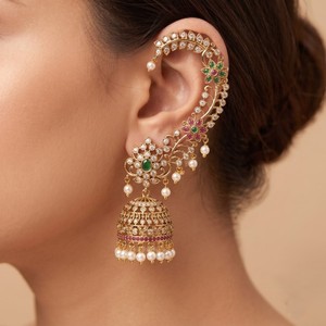 Traditional Imitation Antique Style Kundan <b>Ear</b> <b>Cuff</b> Jhumka <b>Earrings</b> With Ruby Green Stones Pearl Drop For Women - Product Image 2