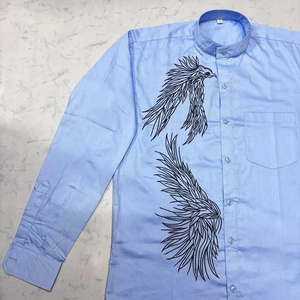 Classic <b>Long</b>-Sleeve Collarless Casual Shirt Featuring Floral Hand-painted Woven Velour 100% Cotton Summer Shirts - Product Image 3