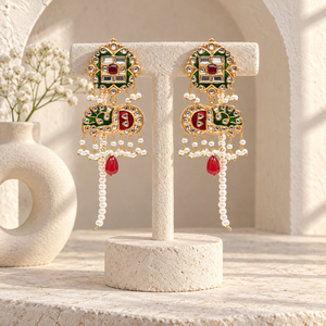 Gold Plated Red Green Meenakari Kundan Style Earrings with Faux Pearls <b>Pakistani</b> Wedding <b>Jewelry</b> Factory Wholesale - Product Image 6