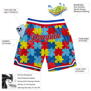 Shorts de basketball pour hommes à motif puzzle personnalisé, respirants en polyester, taille élastique, décontractés, avec logo brodé - Product Image 2