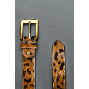 Ceinture mince élastique et extensible en peau de vache tressée pour hommes avec boucle ronde en cuivre imprimé léopard - Product Image 2
