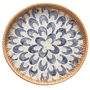Round woven two-tone rattan decorative tray featuring <b>tall</b> loop <b>side</b> handles, available at wholesale prices. - Product Image 6