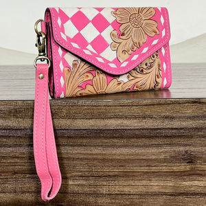 Handcrafted Women's Pink Checkered Tooled Leather Floral Design Clutch RFID Genuine Leather Cash & Card Holder Wallet for Gifts - Product Image 4