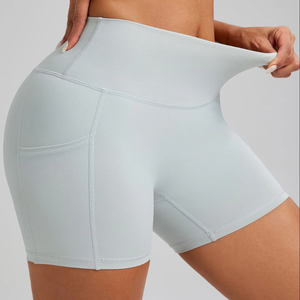 High <b>Waist</b> Seamless Yoga <b>Shorts</b> <b>Women</b> Light Blue Solid Color Breathable Quick Dry Four-Way Stretch <b>Elastic</b> <b>Waist</b> Pockets Fitness - Product Image 6