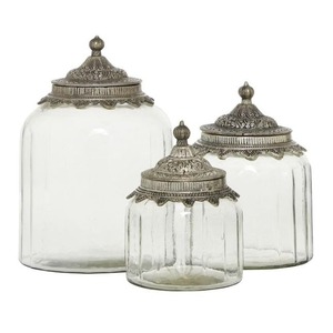 Clear <b>Glass</b> Storage Jar With Silver Metal Lid And Olive Branch Design Airtight Kitchen <b>Container</b> For Food Preservation - Product Image 5