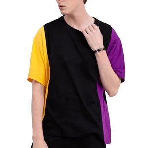 เสื้อยืดคอกลมแขนสั้นผู้ชาย ลายบล็อกสีตัดกัน แต่งขอบถัก สไตล์ลำลอง ทรงปกติ ลายเรียบ - Product Image 1