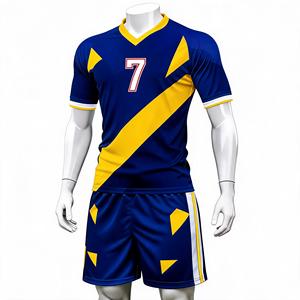 Conjunto de uniforme de rugby sublimado para hombre, azul y amarillo, geométrico, con cuello en V, manga corta, que absorbe la humedad, número 7 - Product Image 1
