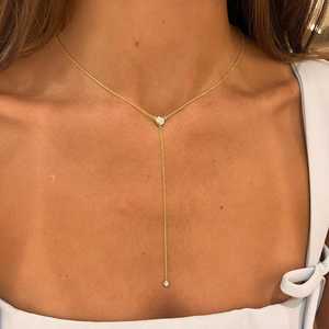 Colliers chaîne Y Lariat en or massif 14 carats avec diamant de laboratoire taille serti 0,18 carat, 21 pouces, fermoir mousqueton, style minimaliste et raffiné - Product Image 2