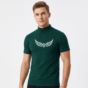 T-shirt à col roulé vert foncé pour homme avec logo R ailé blanc, manches courtes, coupe ajustée, décontracté, en jersey de coton respirant, imprimé sur le devant - Product Image 5