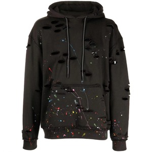 Men's <b>Black</b> Hooded Pullover Sweatshirt Colorful <b>Spray</b> Paint Splatter And Distressed Ripped Design Autumn Style 100% Cotton - Product Image 5