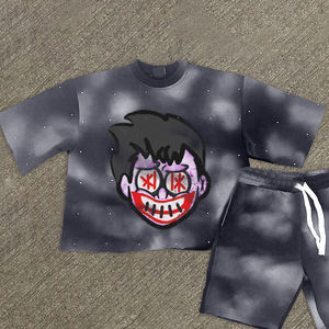 Ensemble T-shirt et short surdimensionné pour homme en coton délavé, imprimé graffiti personnalisé, effet vieilli, tenue décontractée deux pièces - Product Image 6