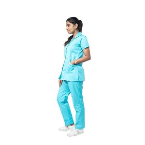 Women's Turquoise <b>Scrub</b> Set Short Sleeve Collar Top With Pockets Hospital Uniform Woven Cotton Polyester Blend - Product Image 2
