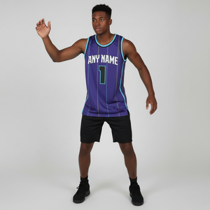 Maillot de basketball personnalisé sublimé pour homme, sans manches, violet avec bordure bleue, séchage rapide, coupe athlétique, numéros d'équipe, logo avant - Product Image 5