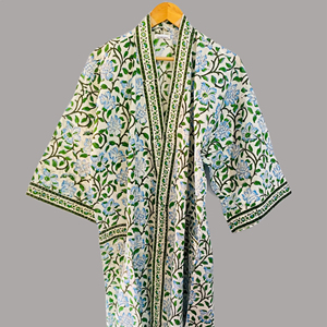 Robe tunique imprimée au bloc, Kimono de nuit, Robe de maternité en coton, Peignoir de demoiselle d'honneur, Magnifique kimono en tissu doux - Product Image 1