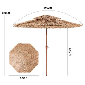 Parasol de patio en chaume Tiki de 9 pieds avec inclinaison, 2 niveaux, style hawaïen, en chaume PP, 8 baleines métalliques - Product Image 3