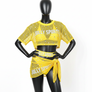 Ensemble de maillot de bain en polyester et élasthanne de haute qualité, jaune vif, tissu en maille douce, logo personnalisé en cristal, pour femme. - Product Image 1