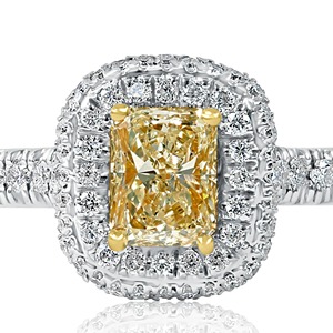 Bague de fiançailles élégante en or blanc 14 carats avec diamant de laboratoire jaune clair taille radiant et double halo - Product Image 4