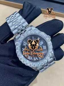 <b>Mens</b> Designer Moissanite Diamond Stainless Steel <b>Wristwatch</b> with Brilliant Crystal Dial Integrated Metal Bracelet Distinctive - Product Image 1