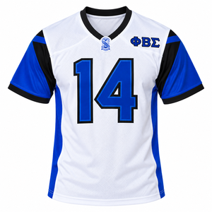 Camiseta de Fútbol Americana para Hombre Phi Beta Sigma, Blanca y Azul Rey, 100% Algodón, Número 14, Manga Corta, Escudo con Letras Griegas - Product Image 3