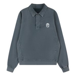 Sweat-shirt polo côtelé gris épais délavé à manches longues et col tricoté, style décontracté pour homme, coupe confortable, qualité supérieure - Product Image 1