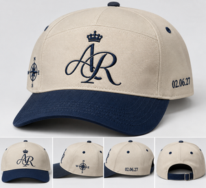 Custom Two Tone Wedding <b>Caps</b> Five Panel Cotton Canvas Embroidered Monogram Crown Design <b>Navy</b> Visor Premium Wedding Party Hats - Product Image 6