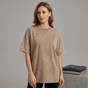 T-shirt décontracté pour femme 100 % coton, coupe oversize, couleur unie, manches courtes, col rond, effet délavé, grande taille, longueur longue, teint - Product Image 4