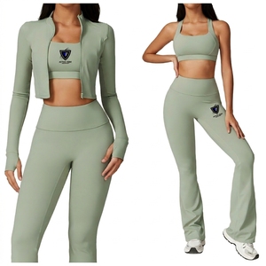 Ensemble de yoga 2 pièces pour femme : veste zippée à manches longues, soutien-gorge de sport dos nu à col rond et leggings évasés taille haute à séchage rapide - Product Image 1