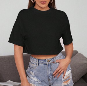 New Trendy Solid Black Crop <b>Top</b> Short Sleeve Crewneck Gym Tee Loose Fit Summer Streetwear Women's Shirts Ribbed Neck Workout <b>Top</b> - Product Image 5