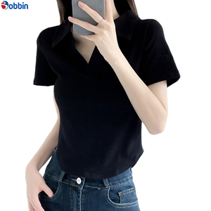 Polo pour femme confortable, style tendance, t-shirt en coton à manches courtes pour femme, col polo, ourlet incurvé avec motif imprimé pour l'été - Product Image 5