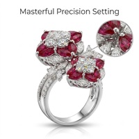 Cincin Emas Putih 18k dengan Batu Ruby Alami Model Double Blossom dan Berlian Pavé untuk Pasar Perhiasan Eropa dan Inggris