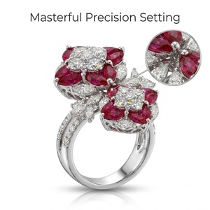 Bague tendance en or blanc 18 carats avec rubis naturels et bande pavée de diamants double fleur pour le marché de la joaillerie en Europe et au Royaume-Uni - Product Image 2