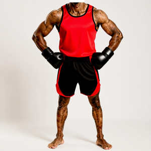 Ensemble de boxe : Débardeur rouge, short noir avec gants, vêtements d'entraînement en polyester, durables, toutes saisons - Product Image 1