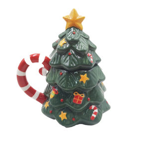Ceramic Christmas Tree Figurine Green with Yellow Star Top Hand-painted Holiday Glazed Red Candy Cane Handle <b>Battery</b> <b>Operated</b> - Product Image 1