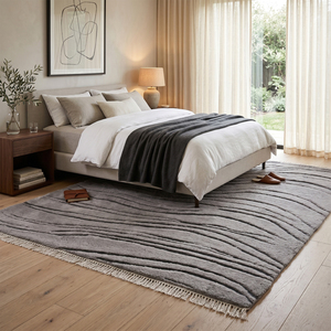 Tapis en laine gris argenté à motifs floraux, texturé, antidérapant, écologique, avec franges, pour salon, chambre et intérieurs d'hôtel - Product Image 3