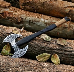 Hacha de doble hoja estilo vikingo, cabeza de acero forjado, mango de madera, funda de cuero, diseño de nudo celta, herramienta de caza para exteriores - Product Image 6