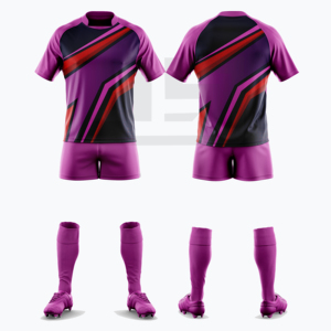 ชุดเสื้อเจอร์ซีย์คอวีและกางเกงขาสั้นสำหรับกีฬารักบี้ ผลิตจากโพลีเอสเตอร์ 100% กันลม พิมพ์ลายตามสั่ง เหมาะสำหรับการฝึกซ้อมและการแข่งขันทั้งในร่มและกลางแจ้ง - Product Image 5