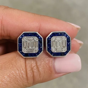 Pendientes de Oro Blanco de 18K con Zafiro Azul Natural y Diamantes Baguette Cuadrados con Halo, Estilo Art Deco Vintage para Banquetes de Negocios de Alta Gama - Product Image 1