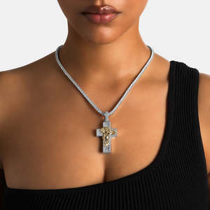 Luxury <b>Iced</b> <b>Out</b> Jesus Cross Pendant Necklace | Two Tone Crucifix Pendant with Tennis <b>Chain</b> | Hip Hop Christian Jewelry - Product Image 1