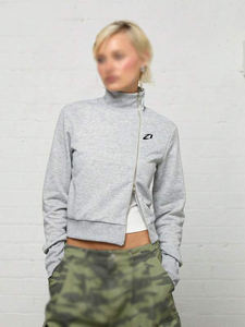 OEM ODM Women's Light Gray Cropped Zip <b>Jacket</b> Cotton Fleece Asymmetric Design Stand Collar Casual Outerwear Hoodies Custom Logo - Product Image 5