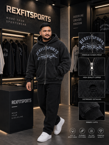 REXFITSPORTS 2026 Sweat à capuche zippé noir vieilli pour homme, impression graphique premium, streetwear - Product Image 2